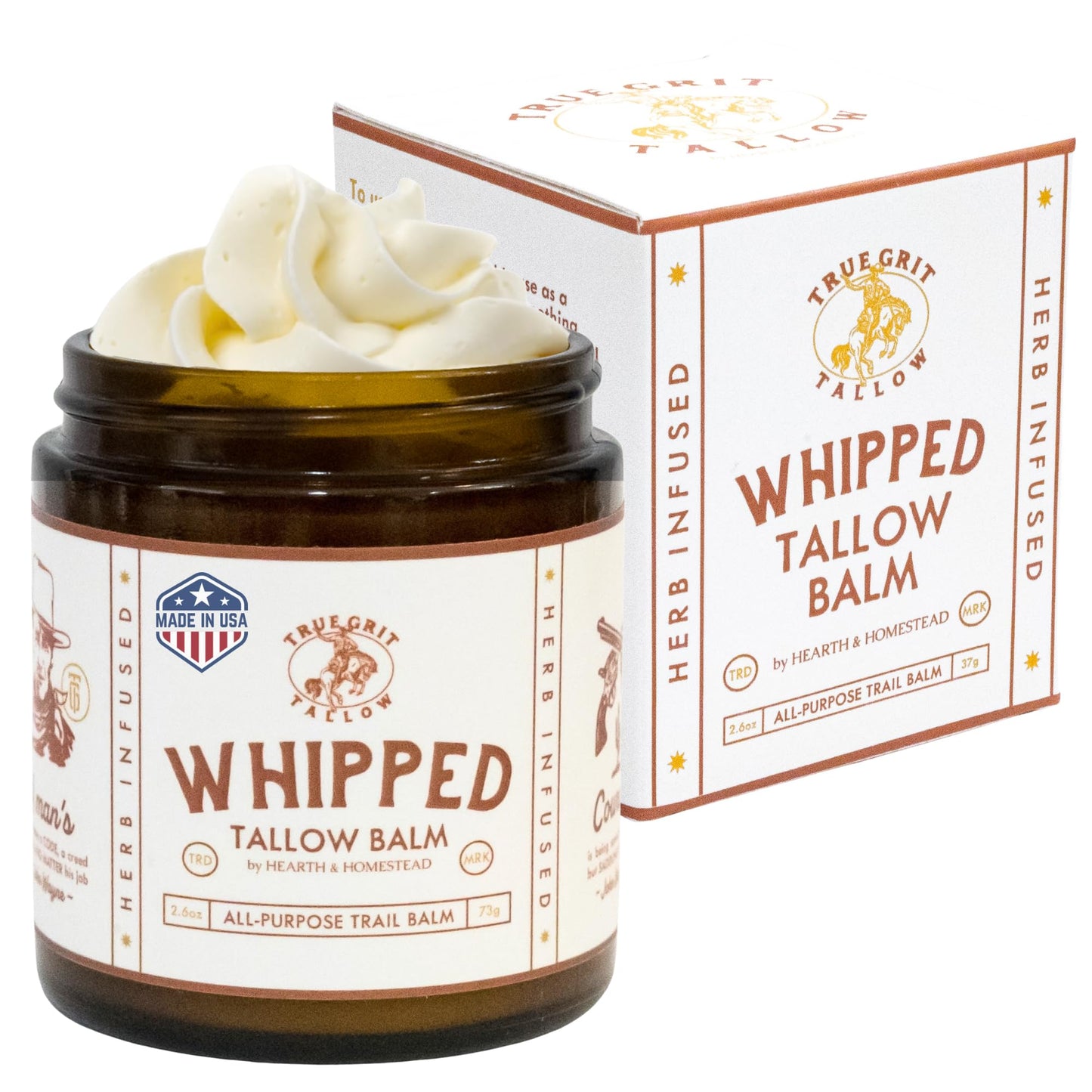 True Grit Tallow Beef and Bison Whipped Tallow Balm Moisturizer for Dry, Sensitive Skin - John Wayne Inspired Herb-Infused Unscented - 2.6 oz