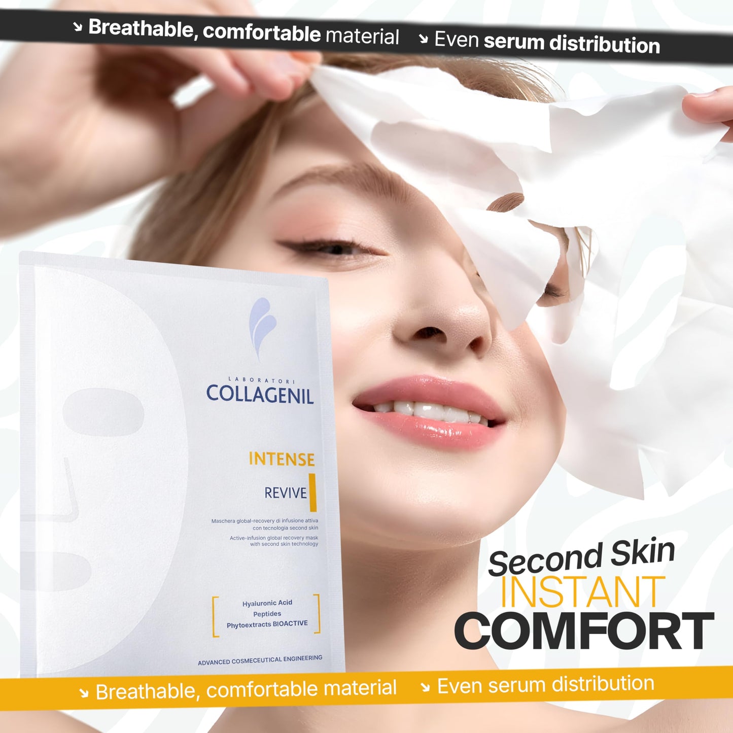 COLLAGENIL Intense Revive Global Recovery Face Mask, Hyaluronic Acid & Peptide Complex, Brightening & Moisturizing, Post-Treatment Care, Single-Use Lyocell Masks, 0.6 fl oz, 3 Count