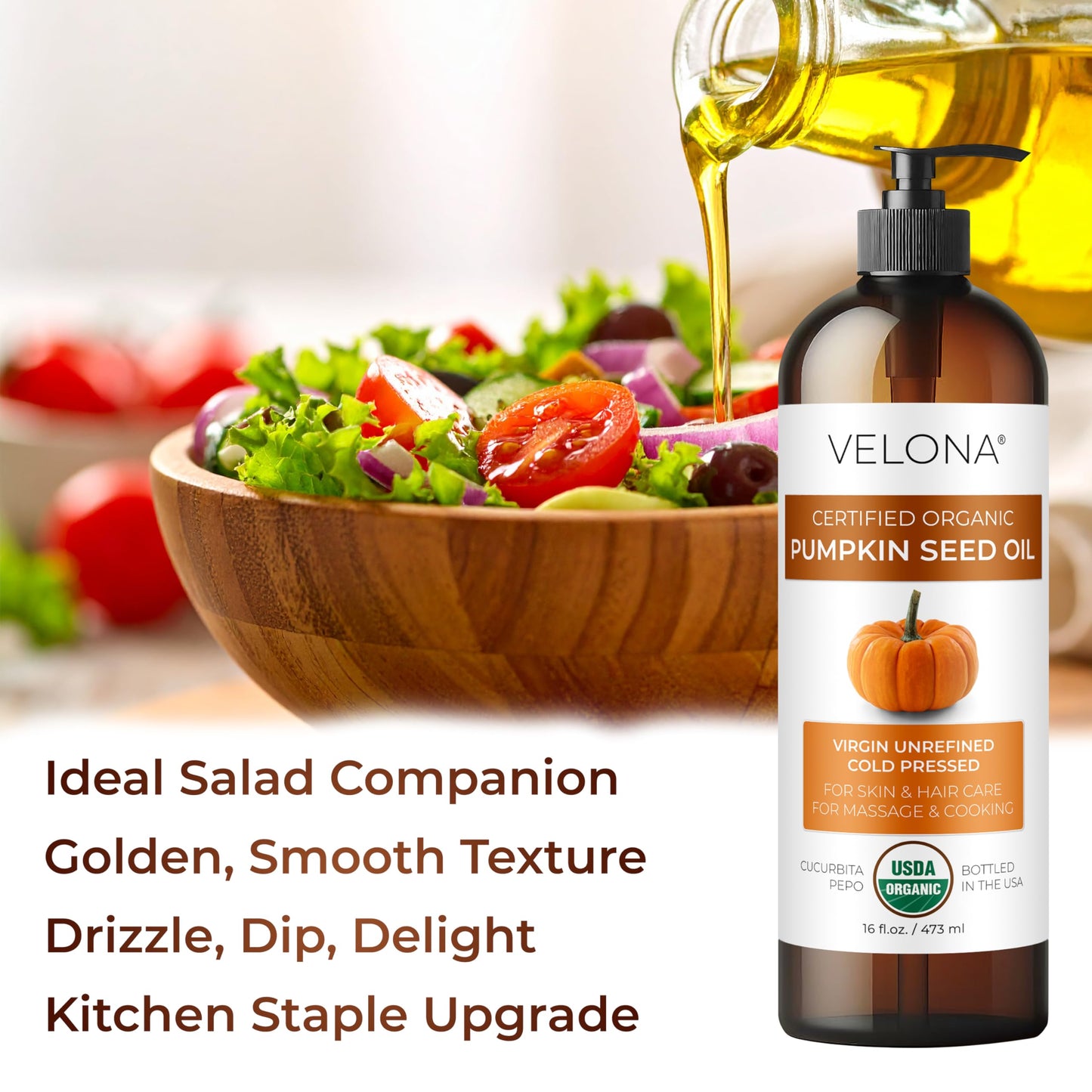 velona Pumpkin Seed Oil USDA Certified Organic - 1 Gallon / 128 Fl Oz | 100% Pure and Natural Carrier Oil | Unrefined, Cold Pressed | Cooking, Face, Hair, Body & Skin Care | Use Today - Enjoy Result
