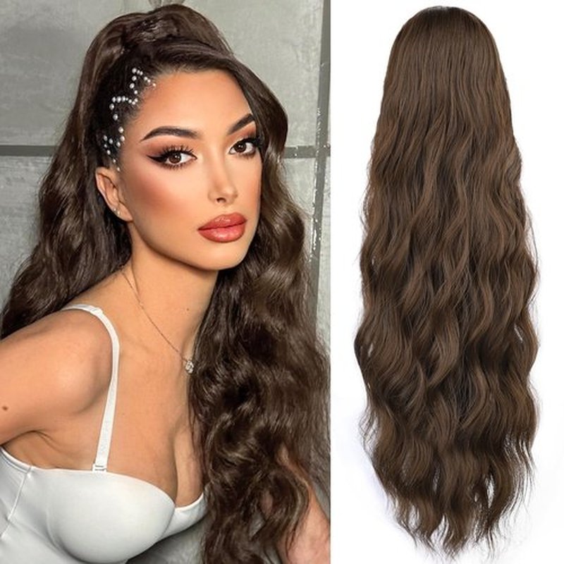 FREEMEIGE Ponytail Extension Drawstring Ponytail Hair Extensions for Women Long Curly Wavy Pony Tail Extension Synthetic Medium Brown Hair Extensions Ponytail Hairpiece for Daily Use Party