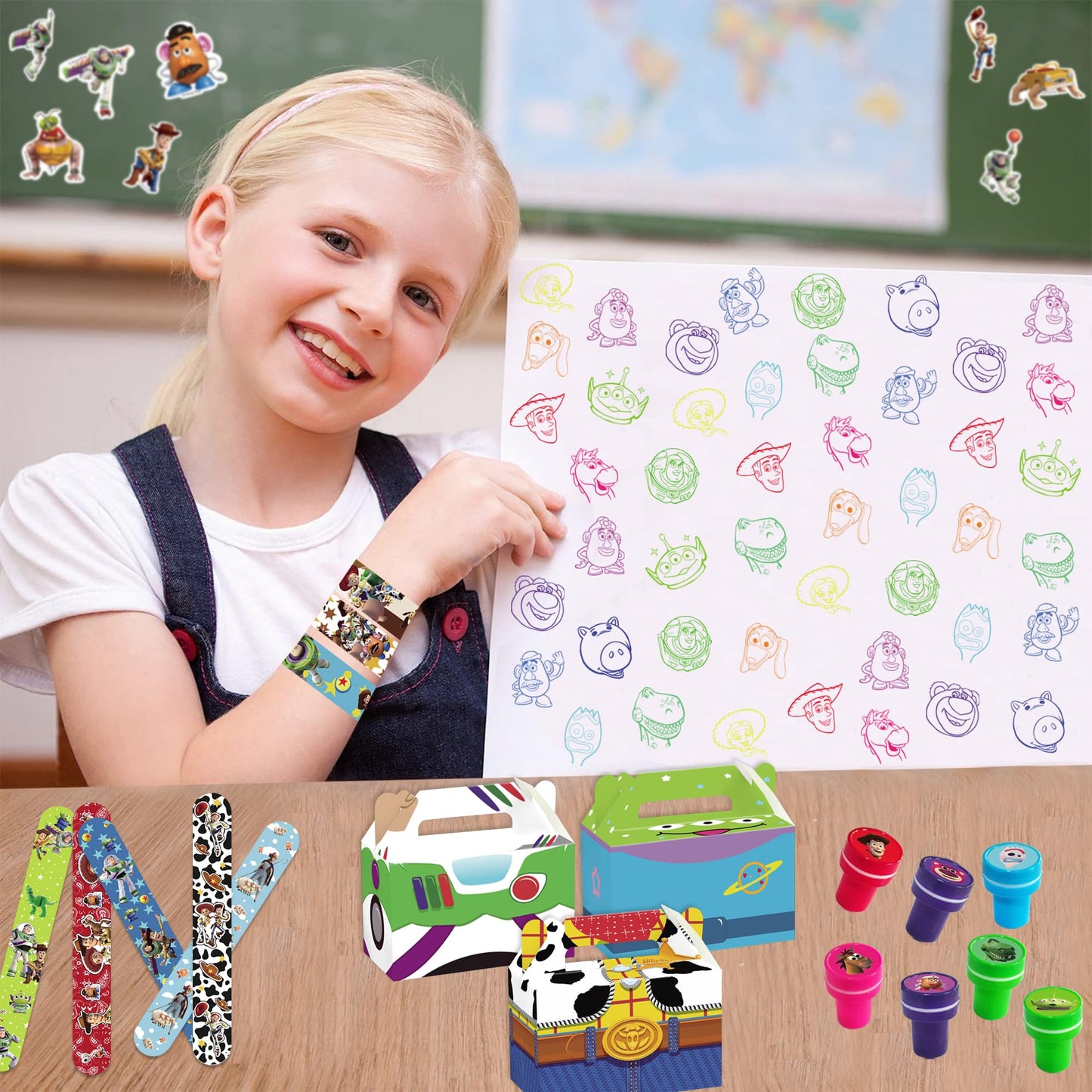 WOOACME Cartoon Birthday Party Supplies, Cartoon Birthday Decorations Include 50 Stickers 12 Paper Treat Boxes Bracelets, for Theme Party Decoration