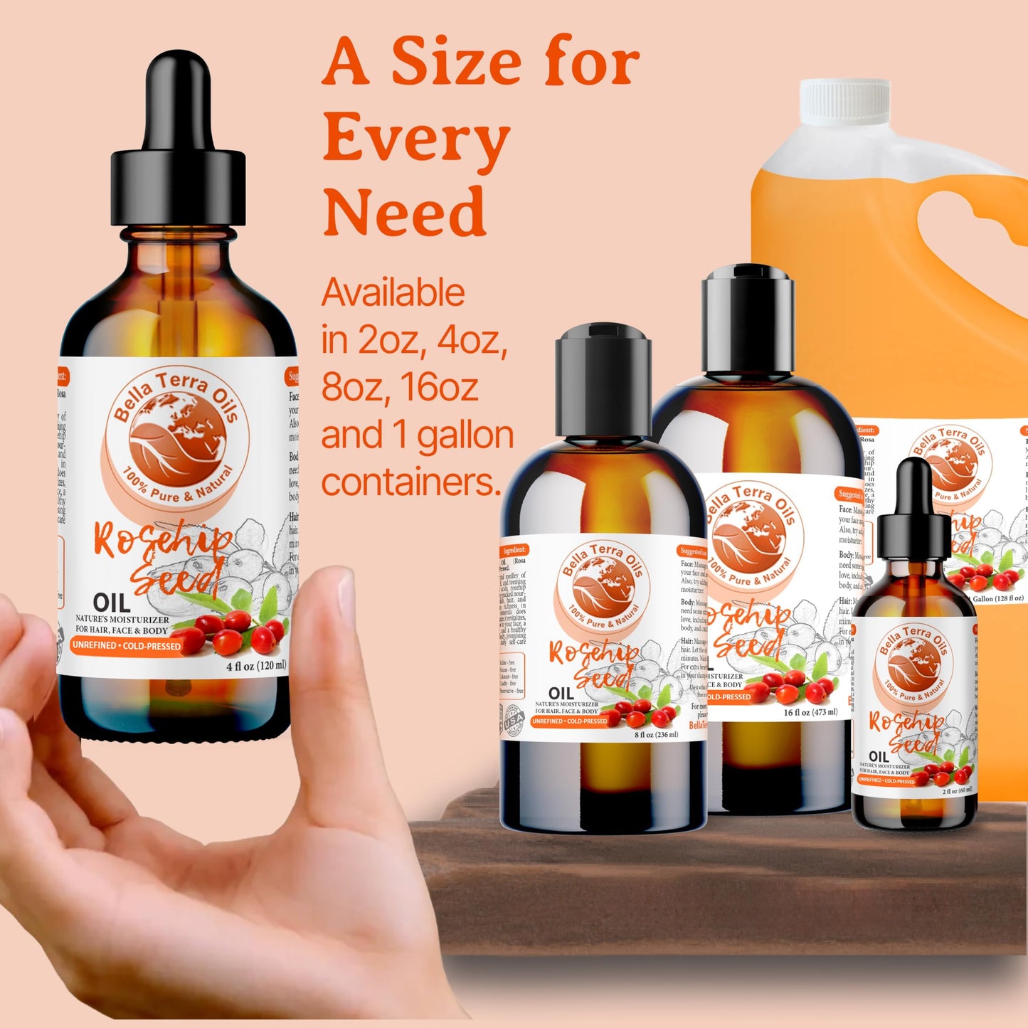 Bella Terra Oils Natural Rosehip Oil for Face, Pure Cold-Pressed Rose Hip Seed Oil for Skin & Hair, Natural Moisturizer & Anti-Aging Facial Oil 16oz