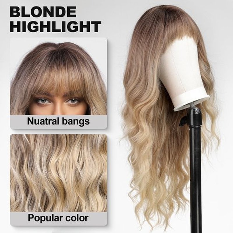 KOME Ombre Blonde Wigs with Bangs,Blonde Highlight Long Wavy Wig for Women,Long Curly Synthetic Hair Wig for Party Cosplay Daily Use 24IN