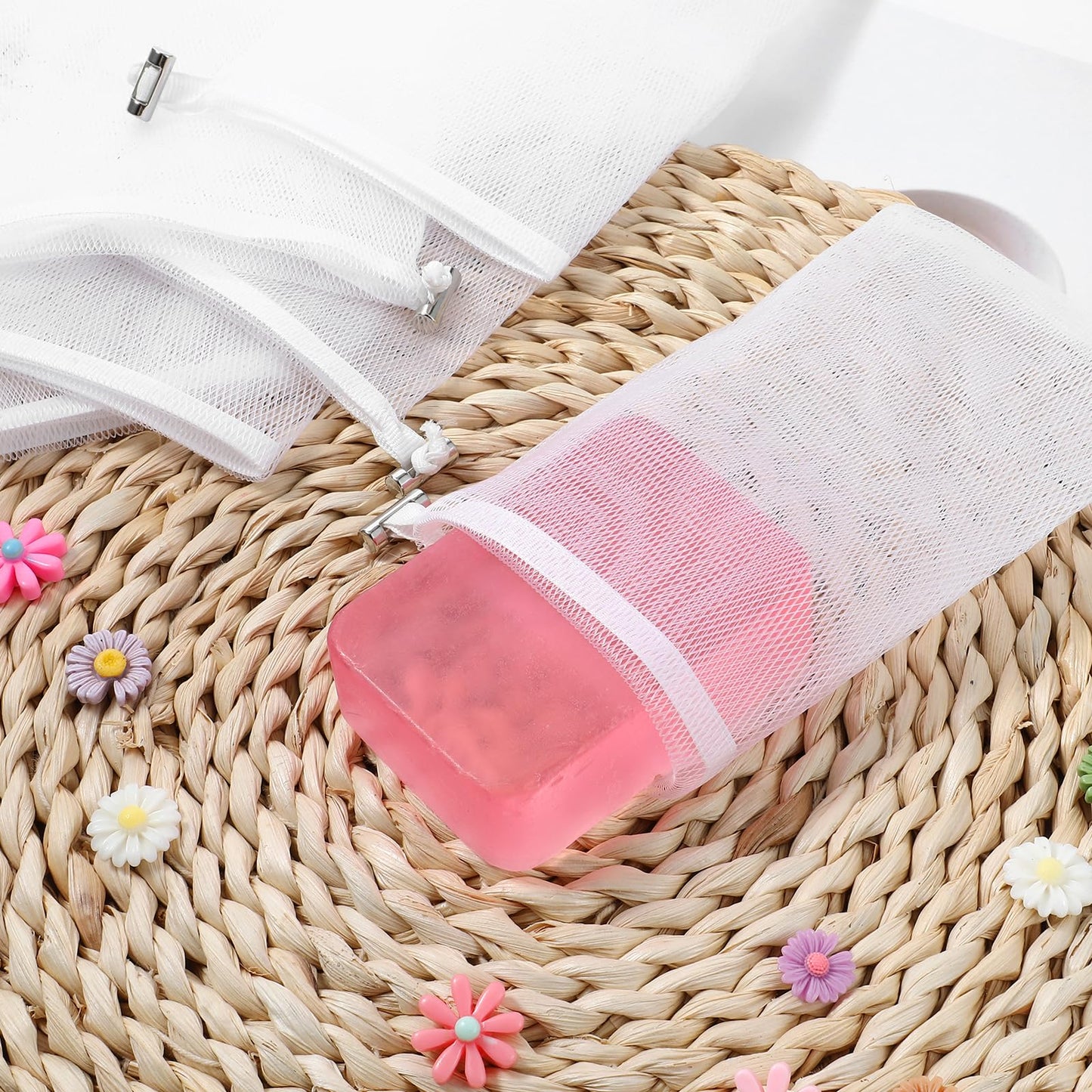 6 PCS Exfoliating Mesh Soap Pouch Soft Soap Bag with Drawstring for Shower Double Layer Thicken Foam Net Bubble Foam Net Soap Sack Saver Pouch, White