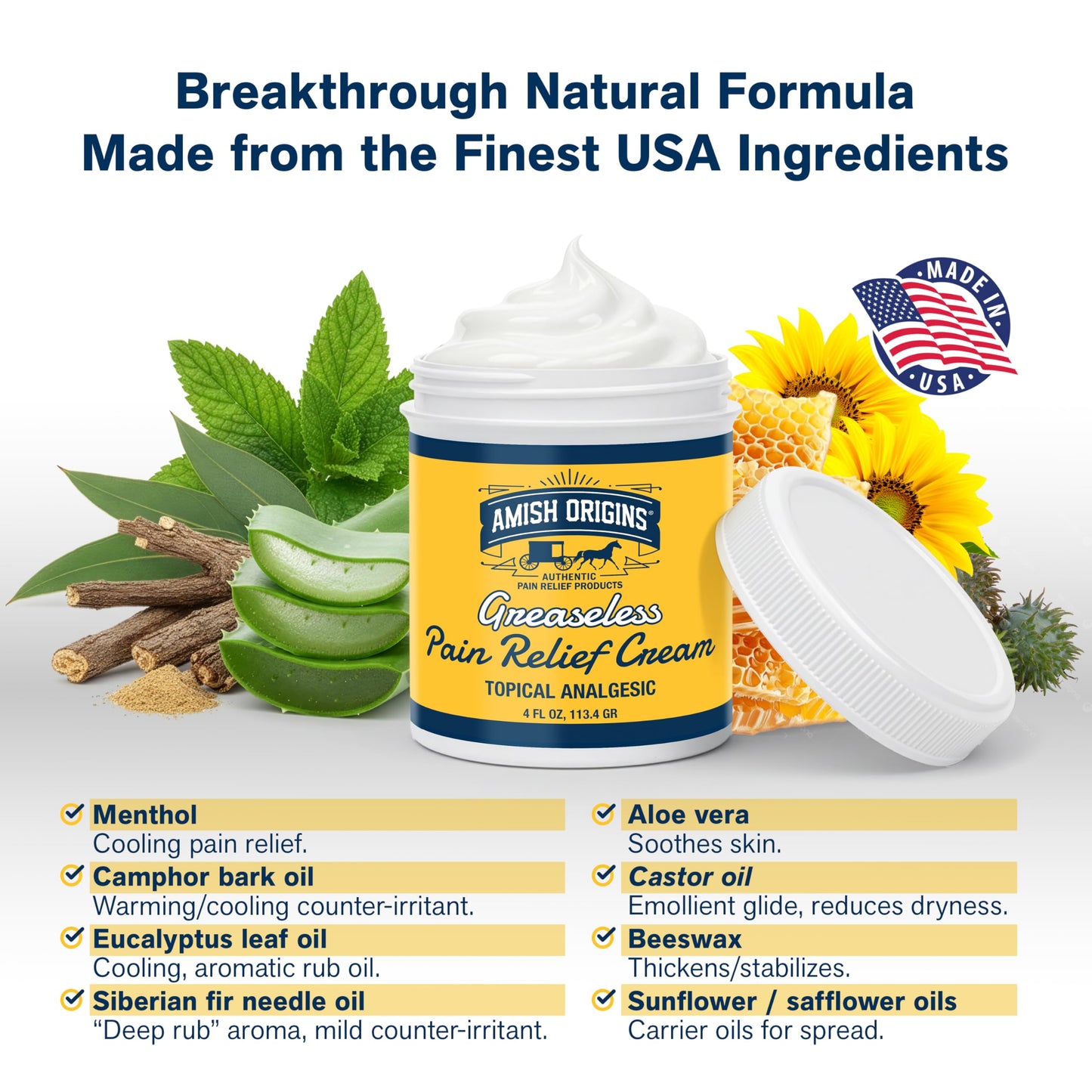 Amish Origins Arthritis Pain Relief Cream - 4 oz - Maximum Strength Deep Penetrating for Joint, Muscle, Knee, Back, Feet, Hand, Ankle, Aches, 1 Pack