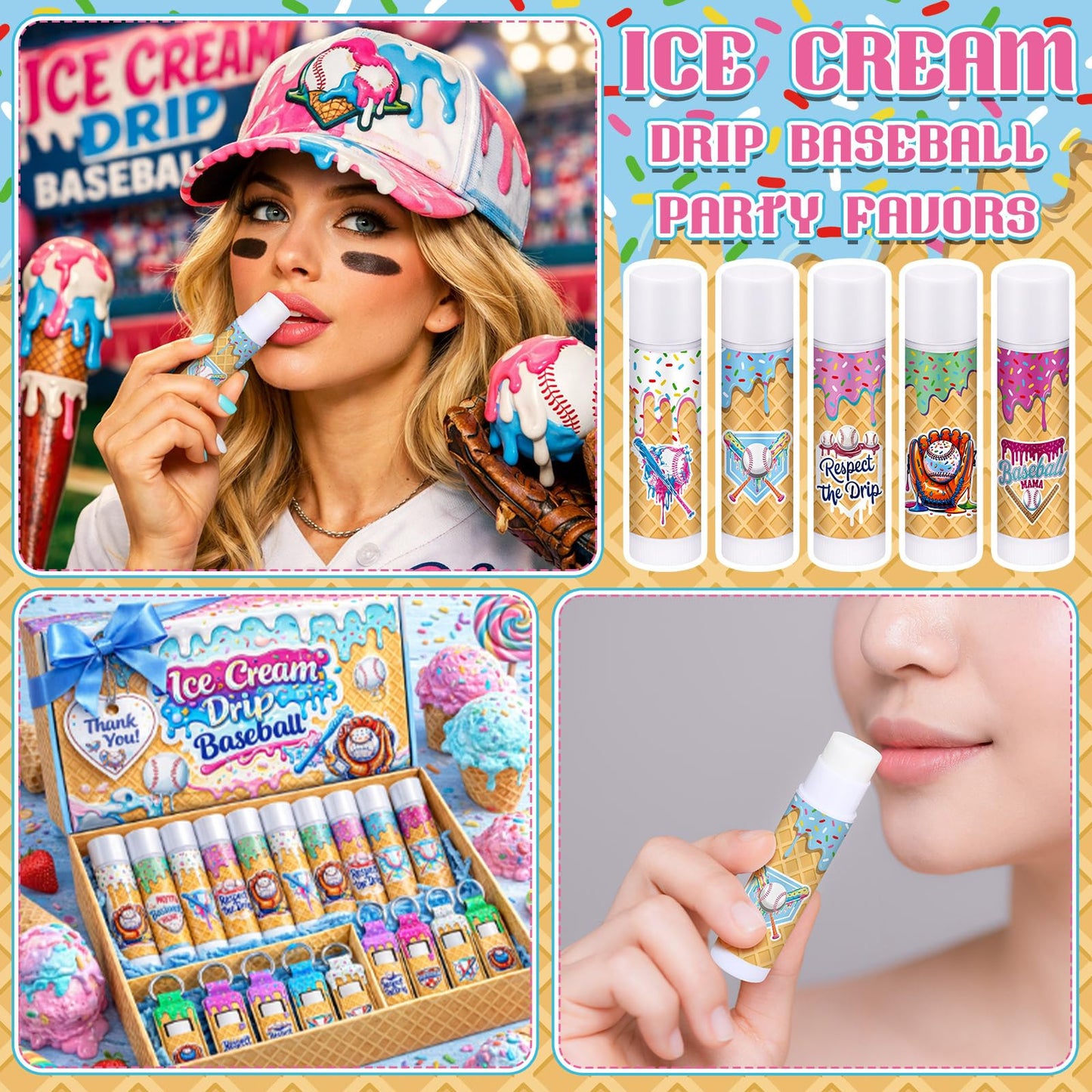 Siifert 50pcs/25 Baseball Drip Party Favors Gifts Bulk, Ice Cream Drip Baseball Lip Balm and Holder Keychain Ice Cream Softball Team Gifts Goodie Bags for Sports End of Season Team Teen Adult