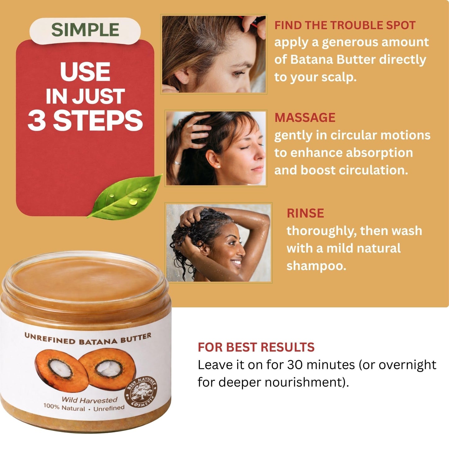 Best Nature's Cosmetics Raw Batana Butter – 100% Pure Organic Unrefined Hair & Scalp Butter for Thick, Natural, Curly Hair – Raw Scalp Mask for Women & Men - 5 fl oz / 150 ml