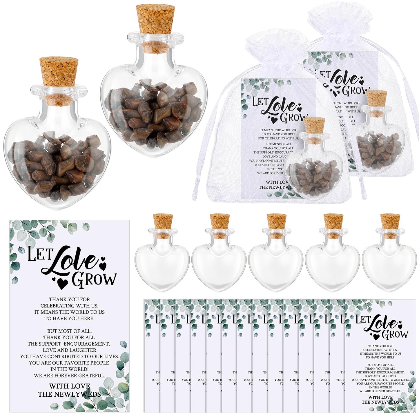 Jinei 300 Pcs Let Love Grow Wedding Favors for Guests includes 100 Small Glass Bottles with Cork Stopper 100 Wedding Thank You Cards and 100 Organza Bags, No Seeds(Heart Shape)