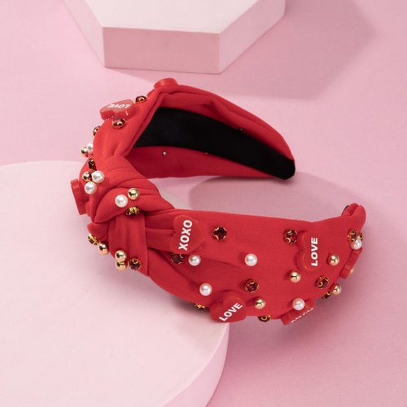 Valentine’s Day Headband for Women Love Message Heart Headband Jeweled Crystal Pearl Knotted Headband Red Pink Wide Top Knot Headband Valentine’s Day Hair Accessories Gifts(Red-LOVE charm)