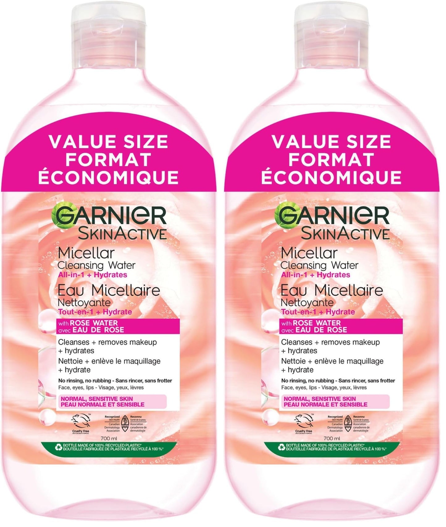 Garnier Micellar Water with Rose Water and Glycerin,Hydrating Facial Cleanser & Makeup Remover,For All Skin Types,Vegan,Cruelty Free,23.7 Fl Oz (700mL),(Pack of 2)