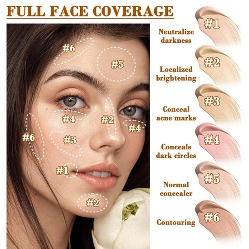6 Colors Correcting Concealer Palette, Waterproof Long Lasting Full Coverage Contouring Foundation Concealer Palette, Makeup Cream Contour Highlighting Concealer Palette Makeup Kit with Brush（#02）