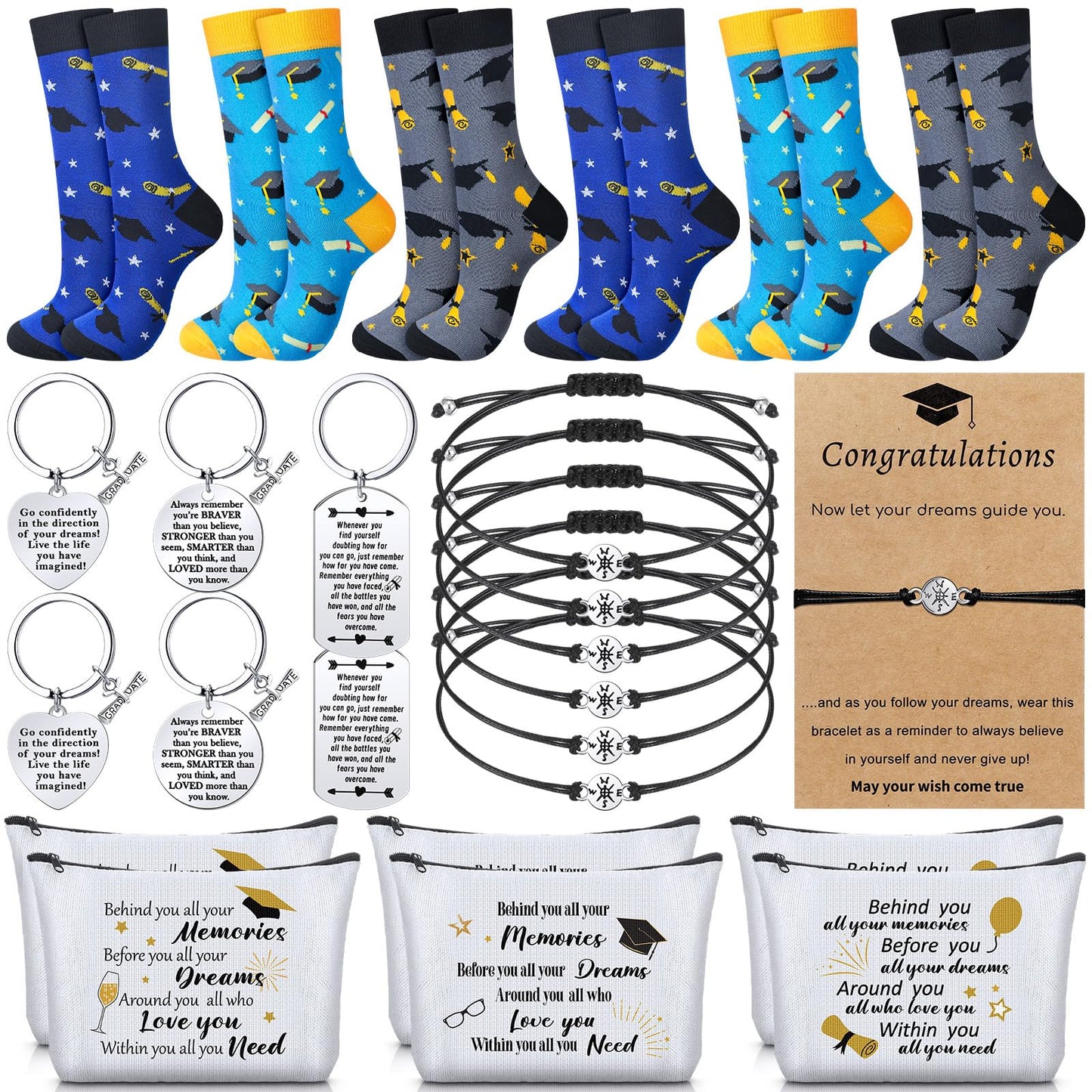 Jiuguva 24 Pcs Graduation Gifts Set Include 6 Grad Socks 6 Makeup Bags 6 Keychains 6 Compass Wristbands Congrats Grad Class of 2026 Graduation Gift for Her Him