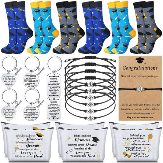 Jiuguva 24 Pcs Graduation Gifts Set Include 6 Grad Socks 6 Makeup Bags 6 Keychains 6 Compass Wristbands Congrats Grad Class of 2026 Graduation Gift for Her Him