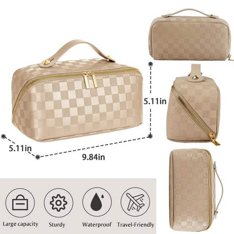 ALEXTINA Large Capacity Travel Cosmetic Bag - Portable Makeup Bags for Women Waterproof PU Leather Checkered Makeup Organizer Bag with Dividers and Handle,Toiletry Bag for Cosmetics, Khaki