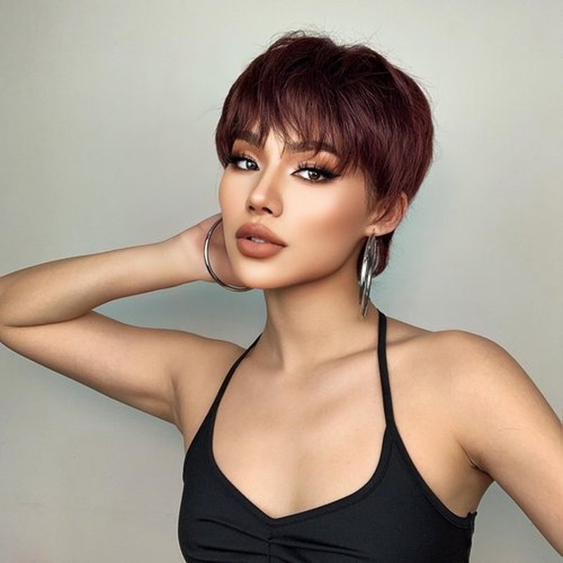 BERON Dark Wine Red Pixie Cut Wig for Women Burgundy Pixie Cut Bob Wig Short Straight Pixie Cut Wig with Bangs Synthetic Heat Resistnat Halloween Cosplay Daily Use