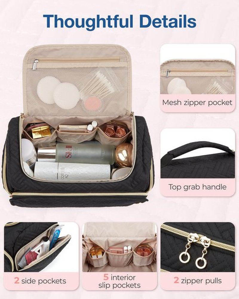 BAGSMART Travel Toiletry Bag, Large Wide-open Travel Bag for Toiletries, Makeup Cosmetic Travel Bag with Handle, Black-L