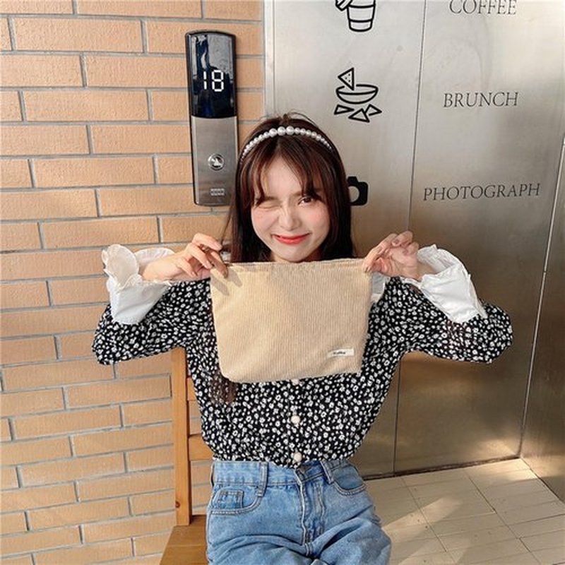 Cosmetic Bags for Women - Corduroy Cosmetic Bag Aesthetic Women Handbags Purses Smile Dots Makeup Organizer Storage Makeup Bag Girls Case Bags (Pure Khaki)