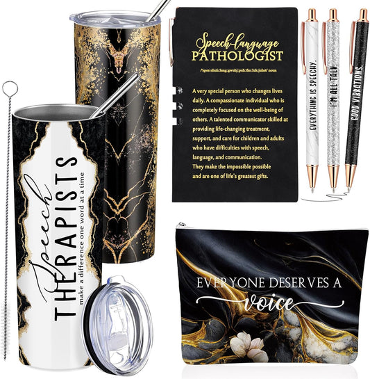 Speech Therapy Gifts - 6-Piece SLP Appreciation Set | 20 oz Tumbler, Makeup Bag, A6 Notebook, Pen - Perfect for Graduation & Birthdays (Black)