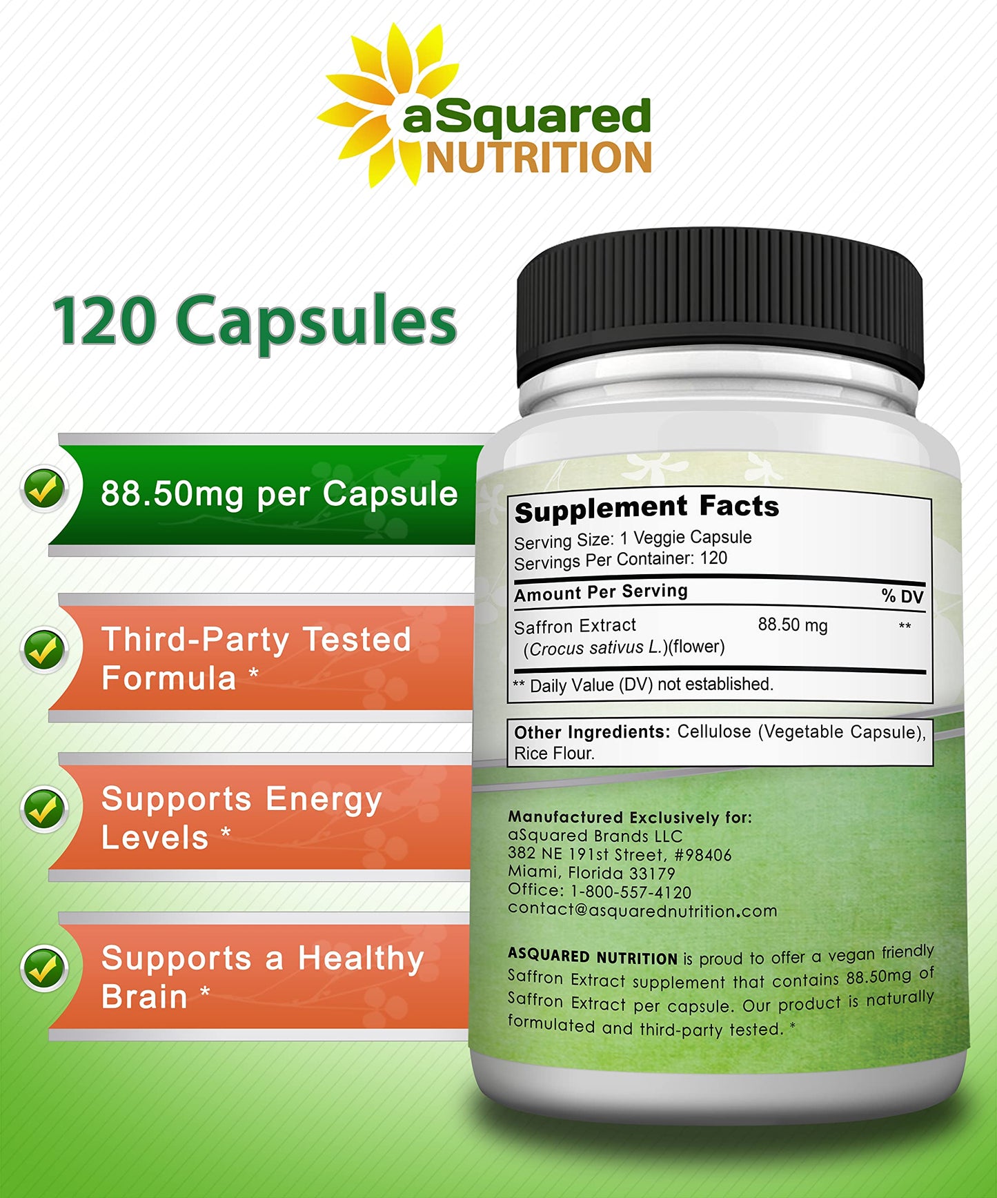 aSquared Nutrition Saffron Supplements - 120 Capsules - Saffron Extract Supplement Pills for Energy, Focus and Mood - Pure Saffron Alternative to Powder, Tea, Threads & Gummies