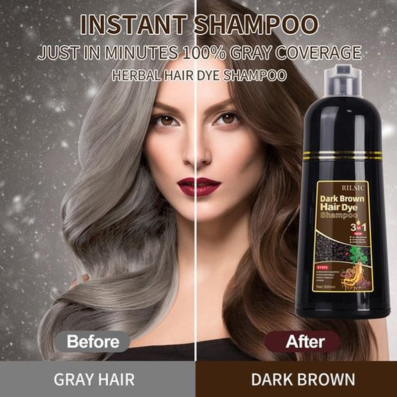 RILSIC Hair Dye Shampoo 3 IN 1, Instant Hair Color Shampoo for Women Men - Herbal Natural Hair Color- Grey Hair Coverage, Black Hair Dye Coloring in Minutes(500ML, 17.6 Fl Oz) (Dark Brown)
