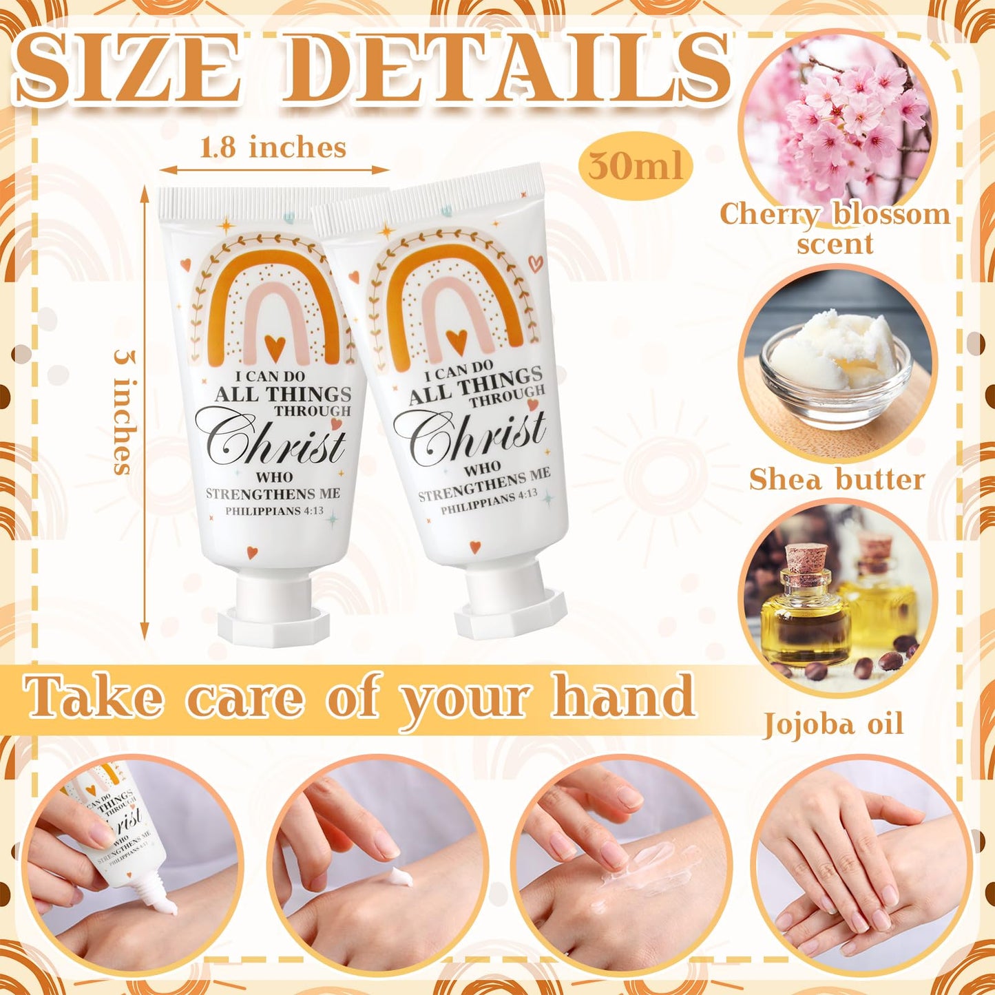 Heigble 50 Pack Christian Hand Lotion Bulk Gifts for Summer Gifts Bible Mini Travel Hand Lotion for Women Church Appreciation(Boho)