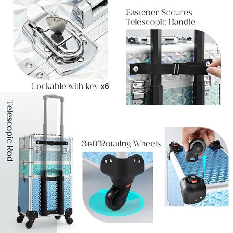 Adazzo Professional Rolling Makeup Train Case 3 in 1 Aluminum Trolley Case with 360° Rotation Wheels for Makuep Artist Cosmetic Suitcase Organizer with Lock and Key Diamond Pattern - Turquoise Cascade