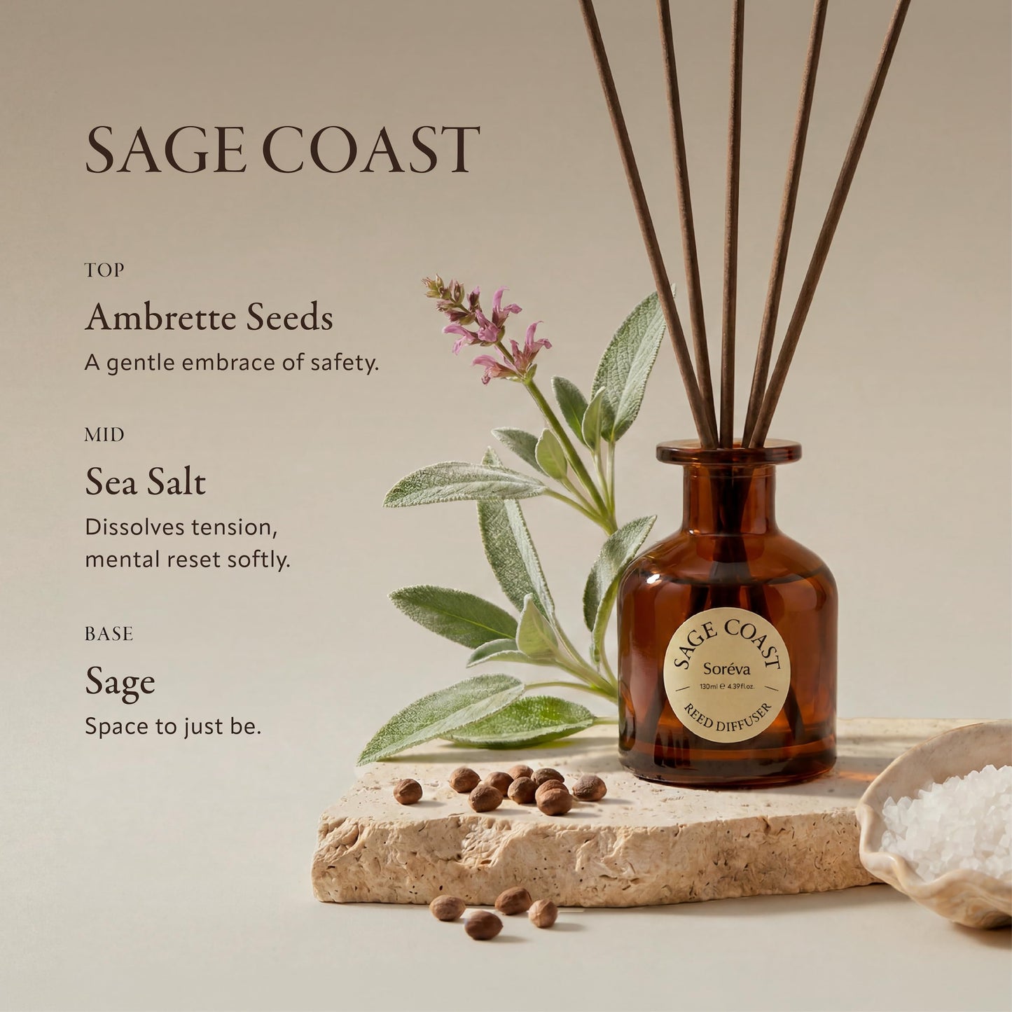 Soréva Sage & Sea Salt Reed Diffuser Set, Ocean Mist Aromatherapy, Plant-Based Essential Oils, 120-Day Mindful Alcohol-Free Home Fragrance for Bathroom & Office, Gift Set with 7 Sticks, 4.39 fl oz