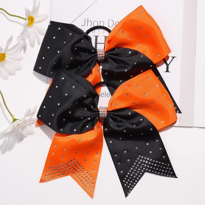 DEEKA 10 PCS Rhinestones Two Toned Large Cheer Hair Bows 7" Glitter Cheer Ponytail Holder Handmade for Teen Girls Softball Cheerleader Sports -Orange/Black