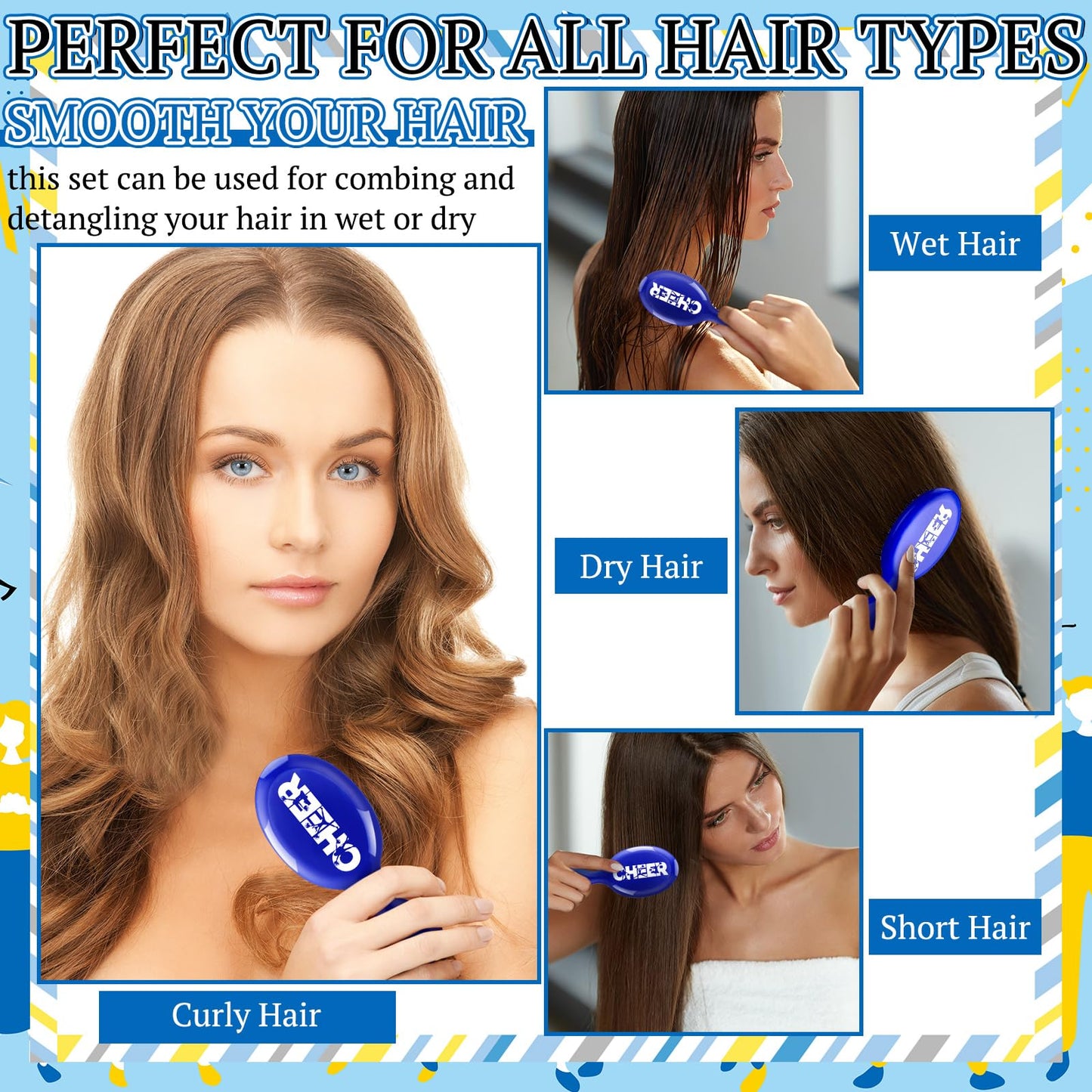 SiliFine 20 Pack Cheer Mini Hair Brushes Bulk Cheer Gifts Bulk for Team Detangling Hair Brushes Plastic with Bristles for Cheerleader Team Sport Valentine Gifts for Women(Blue)