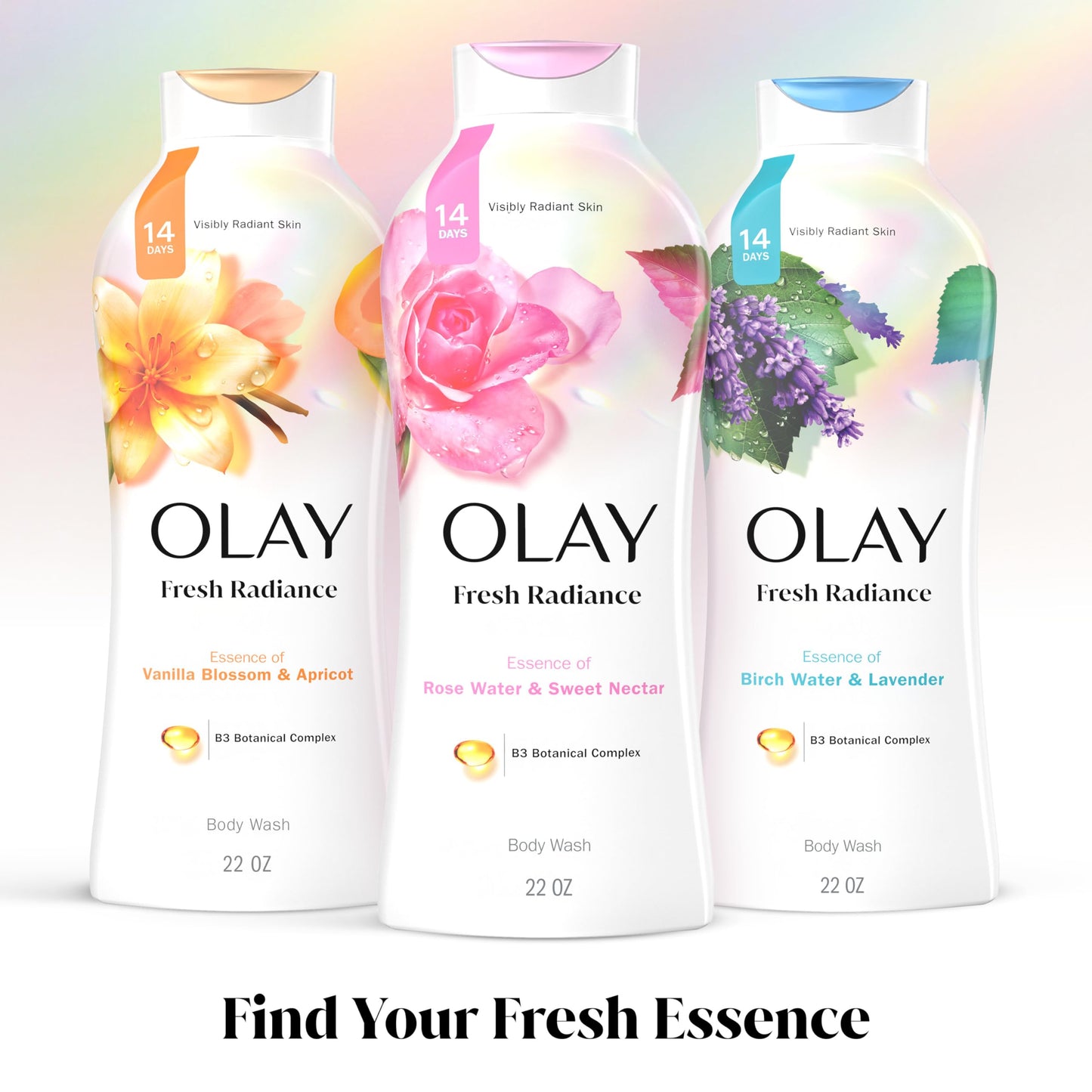 Olay Body Wash for Women, Fresh Radiance, Refreshing & Renewing, Made with Plant Based Cleansers, B3 Botanical Complex, For All Skin Types, Rose Water & Sweet Nectar Scent, 22 fl oz (Pack of 4)