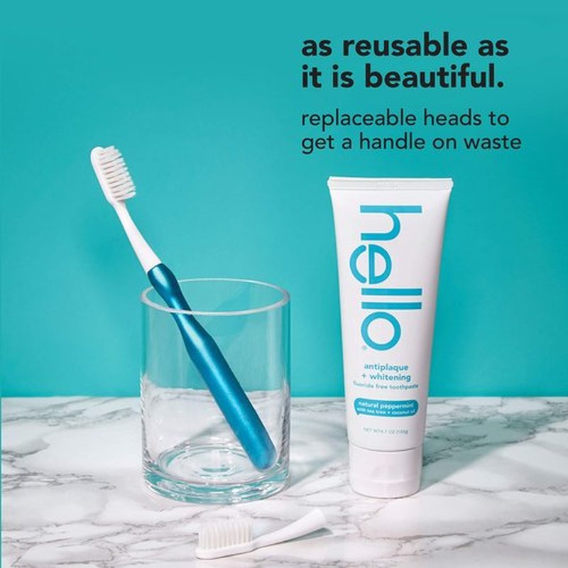 hello Manual Adult Blue Toothbrush Replacement Head Refills, Soft Tapered Bristles, BPA Free, 2 count, 4 Toothbrush Refill Heads
