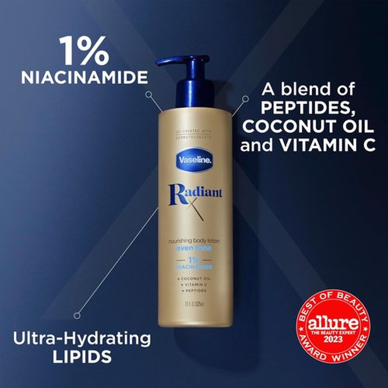 Vaseline Radiant X Even Tone Body Lotion 11 oz & Replenishing Body Oil 3.7 oz Bundle