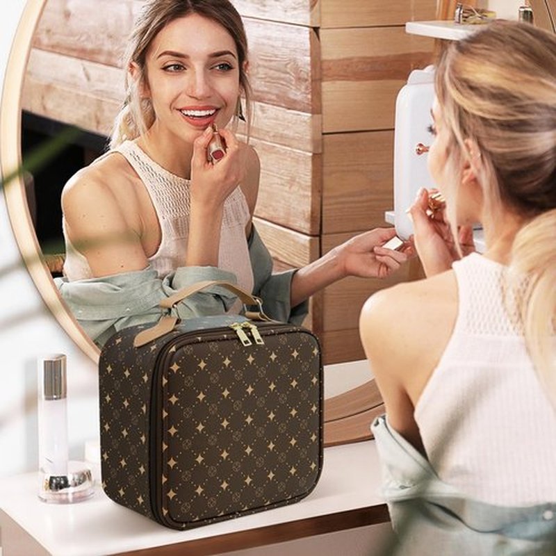 Travel Makeup Bag With 360° rotating LED Mirror,Waterproof cosmetic organizer,Portability Cosmetic case,Makeup organizer,Gift for Women,Girls Gift (Brown)