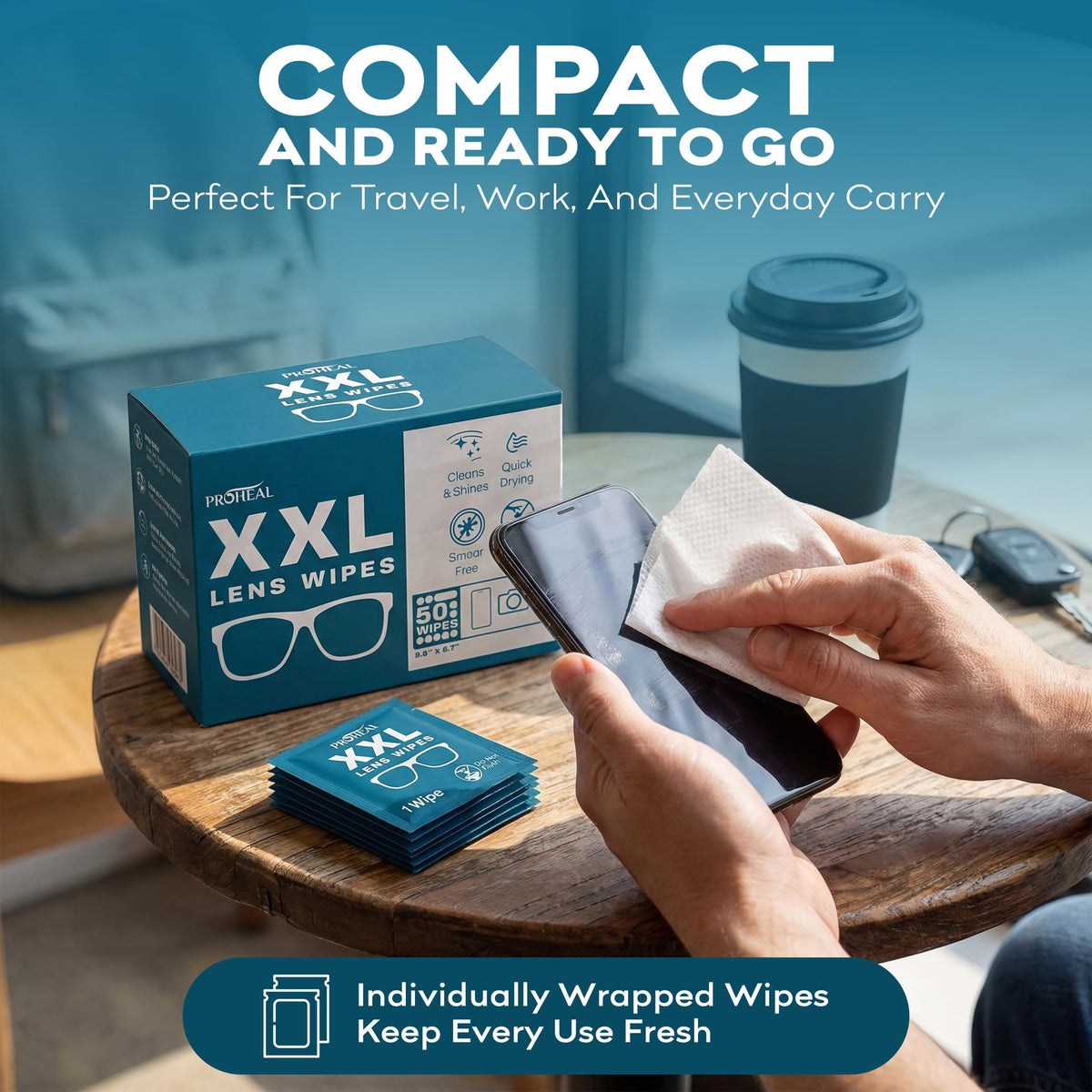 XXL Lens Wipes, 50 Count - 9.8"x6.7" Eye Glasses Cleaner Wipes for Lenses, Watches, Display Screens, and More - Cleans and Shines - Quick Drying, No Smear with Isopropyl Alcohol