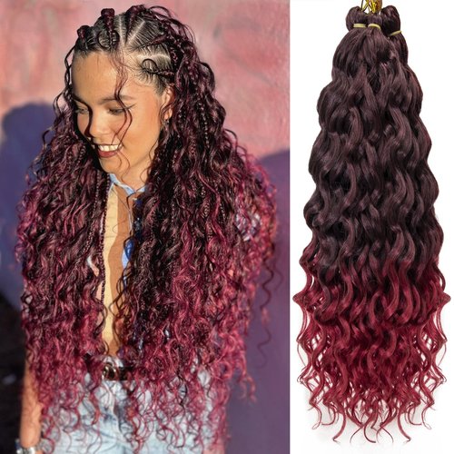Ocean Wave Crochet Hair 24inch Deep Wave Curly Crochet Hair For Women Burgundy Hawaii Curly Braiding Hair Synthetic Bohemian Crochet Braid Water Wave Crochet hair Extensions (6Packs, 1B/BUG)
