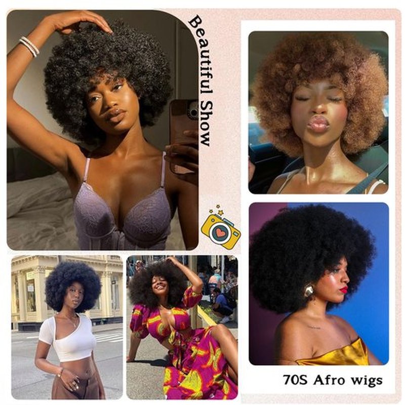 Afro Wig 70S Curly Afro Wigs For Black Women Short Afro Kinky Curly Wig With Bangs For Women Disco Wig Puffy Bouncy Synthetic Wigs For Daily Party Halloween Costume Use (Black)