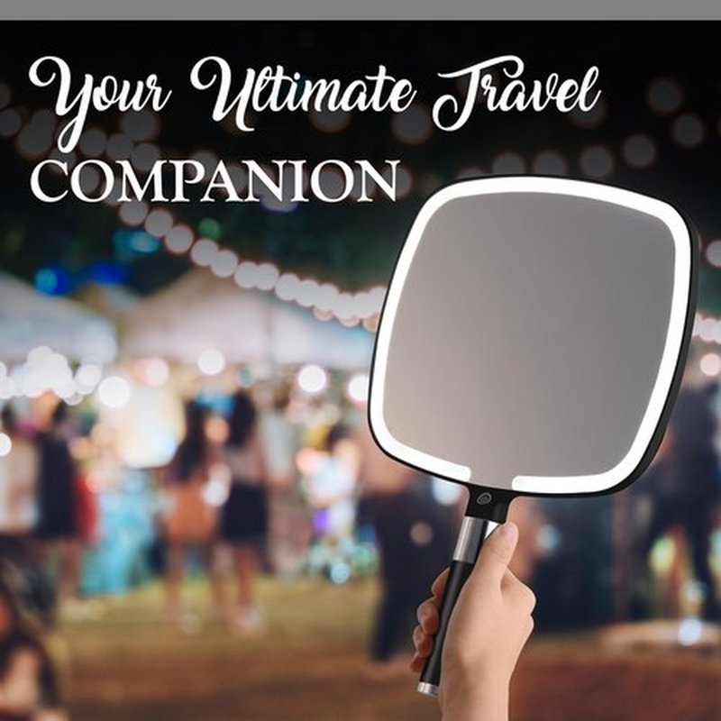 MIRRORVANA Lighted Travel Makeup Mirror - 2 in 1 Handheld & Tabletop LED Mirror with 3 Light Modes, Detachable Stand, and Comfy Handle - 9" x 13" (Black)