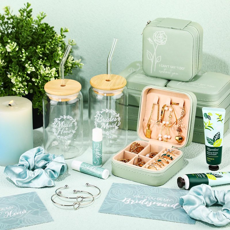 Teenyyou 60 Pcs Bridesmaid Proposal Gifts Bridesmaid Box Set Maid of Honor Gift Wedding Bridal Shower Include Jewelry Box Glass Cup Scrunchies Hair Knotted Bracelets Hand Cream Lip Balm Cards(Green)