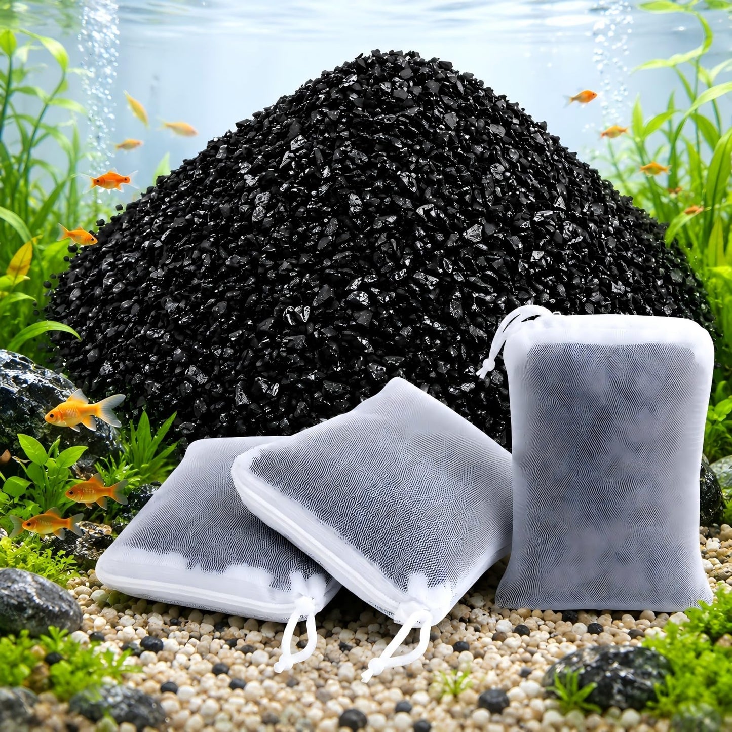 MAQIHAN 0.9 LB Activated Charcoal Pellets - Activated Carbon Aquarium Filter Media Charcoal Pellets for Fish Tank Supplies Media Bags for Aquarium Coconut Shell Charcoal (410G, 3 Nylon Bags)