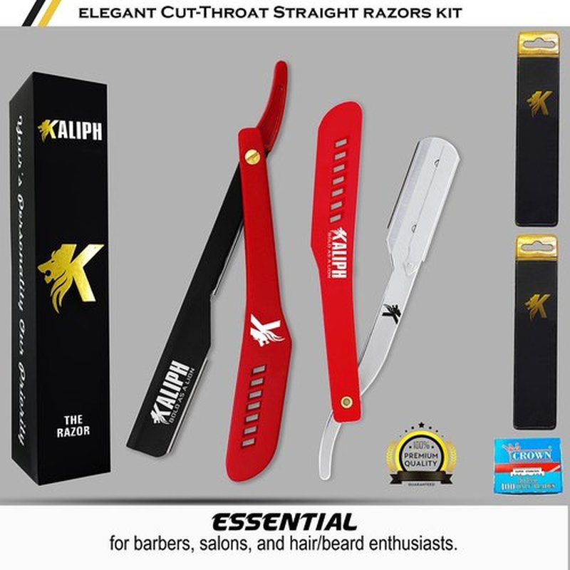 Kaliph Professional Straight Razor For Men - Premium Pack of 2 Straight Edge Barber Razor With 100 Blades - Smooth Shaving Mens Manual Cut Throat Shaver Safety Kit (RED)