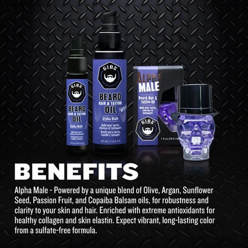 GIBS Alpha Male Beard, Hair & Tattoo Oil - Softens & Strengthens Beard Growth, Moisturizes Skin Made in USA 1 oz