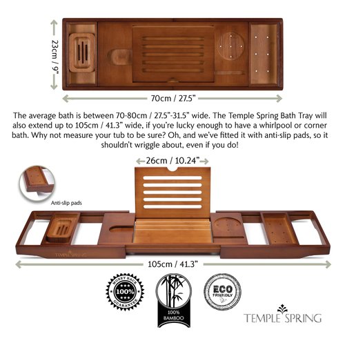 Temple Spring Bathtub Caddy Tray - Extendable Bath Tray for Bathtub with Candle, Wine Glass, Book, Pad & Phone Holders - Adjustable Bathtub Tray Over tub w/Bathroom Accessories - Wood Brown