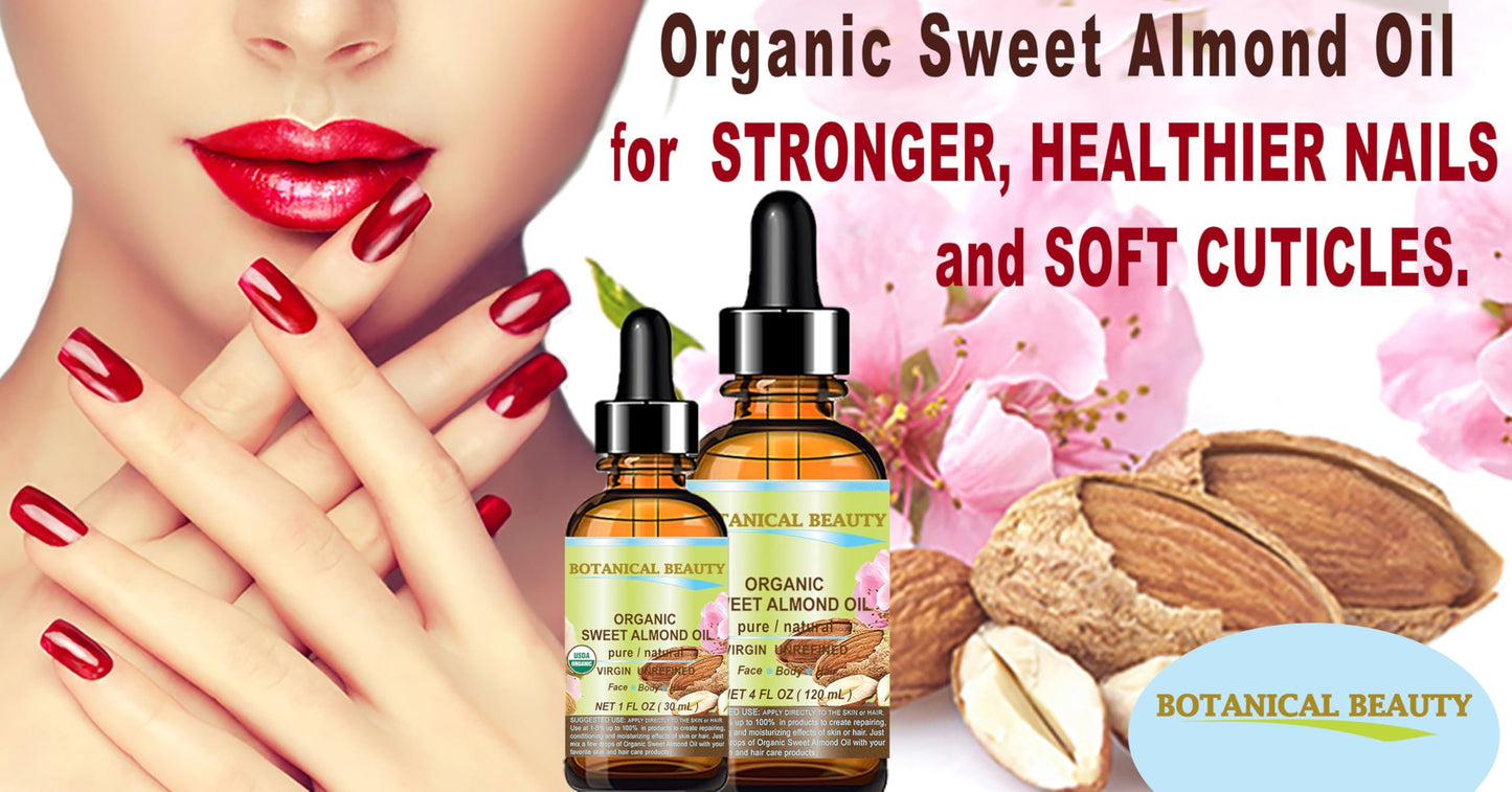 Botanical Beauty‎ Organic SWEET ALMOND OIL 100% Pure Natural Virgin Unrefined Undiluted Cold Pressed Carrier Oil for Face, Skin, Body, Hair, Massage, Nails. 1 Fl. oz - 30 ml