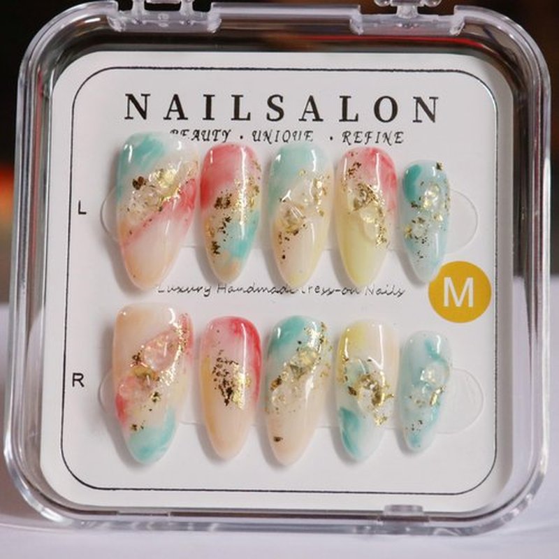 CAMILCY Handmade Nails Press on Design of Almond Shaped Multi Color Blue Yellow Red and Gold Foil Hand-painted Reusable Gel UV Finished Pre Shaped for Women 10pcs 3D Handmade False Nails (A015 L)