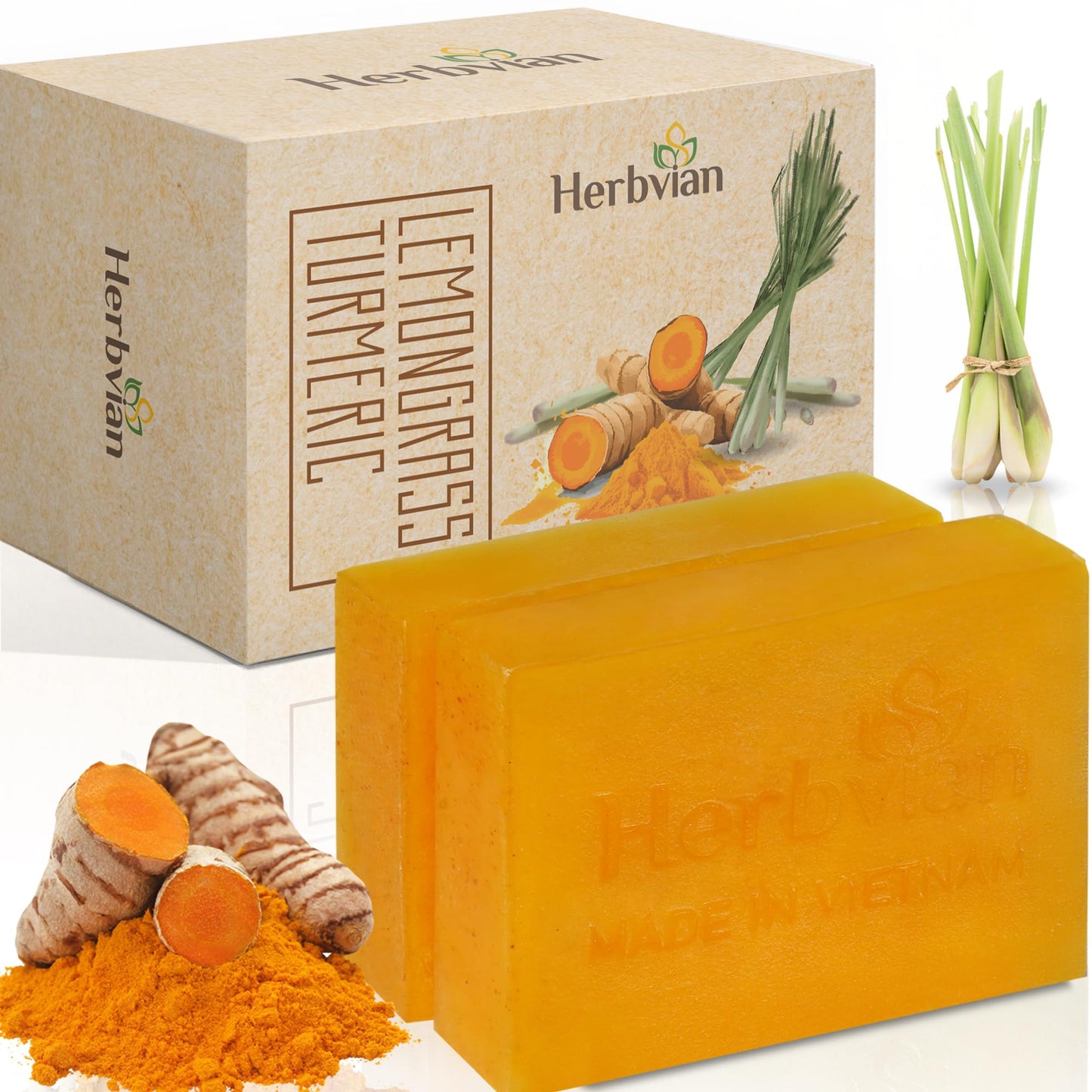 Herbvian Natural Turmeric Vietnames Soap Bar with Lemongrass Oil 3 Pack
