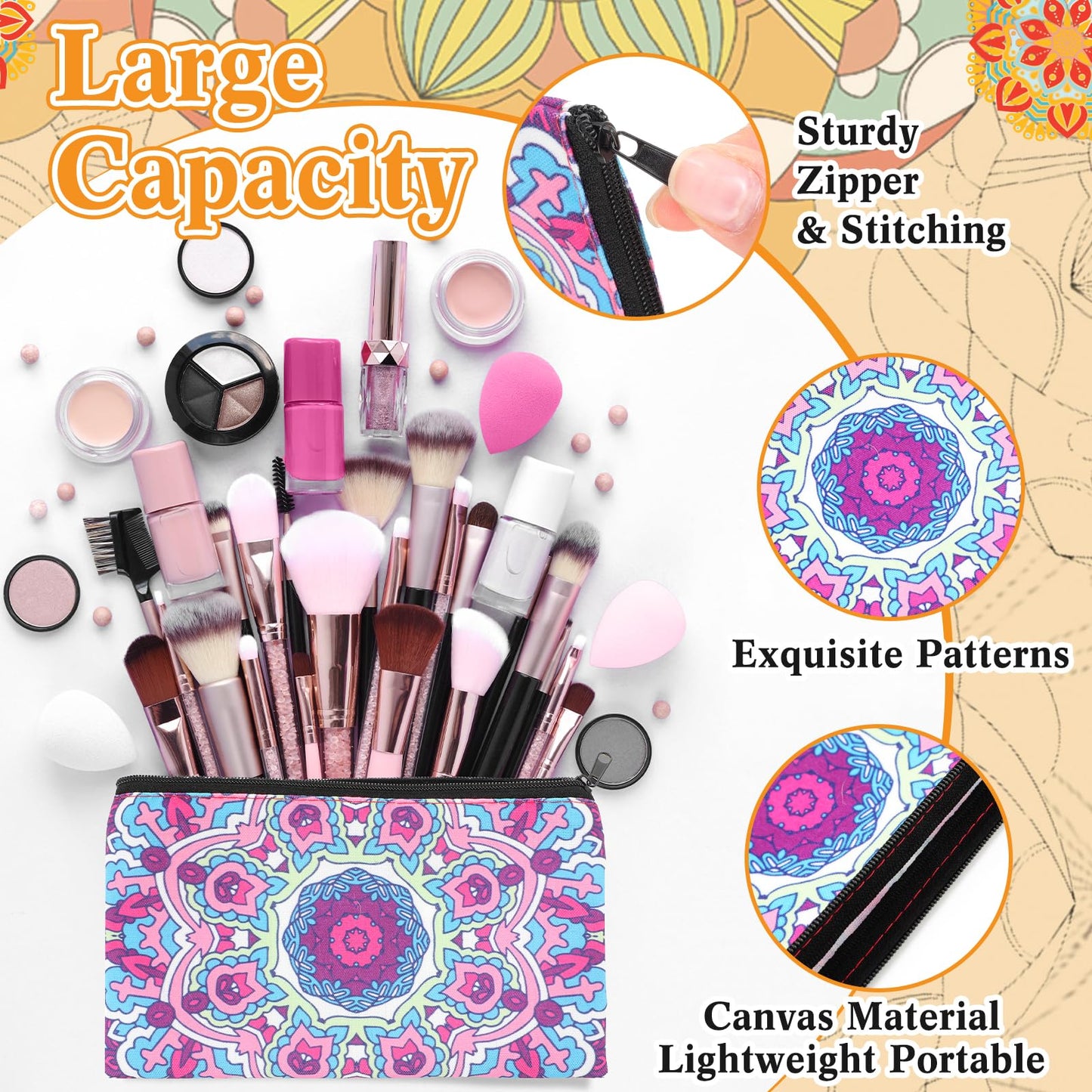 SilTriangle 24 Pieces Makeup Bags Bulk Canvas Cosmetic Bags Purse Organizer Zipper Cosmetic Pouch Portable Travel Toiletry Pouch for Women Men Gifts, 7 x 4 Inch (Mandala)