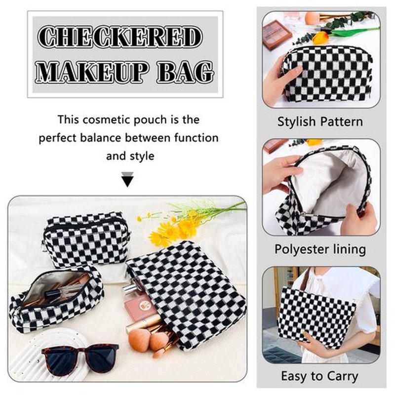 ZLFSRQ 3Pcs Checkered Makeup Bag for Women Large Cosmetic Bag Set Travel Toiletry Bag Makeup Pouch Bag for Purse Black Zipper Storage Bag Organizer Cute Small Aesthetic Girls Car Essentials Bag
