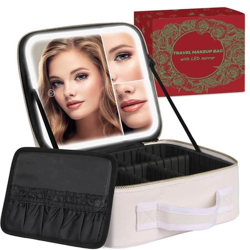 MAYFIY Makeup Bag with LED Mirror and Travel Makeup Train Case Cosmetic Organiser with 2X3X Magnifying Mirror and Separate Makeup Brush Panel, Portable Adjustable Divider Storage Bag, Creamy-white