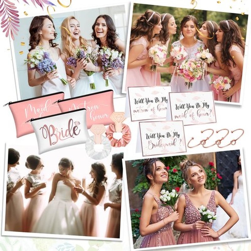 63 Pcs Bridesmaid Proposal Gifts Bulk Maid of Honor Gifts Matron of Honor Gifts Brides Bridesmaid Cosmetic Makeup Bag Hair Knotted Bracelets Invitation Cards for Wedding Bachelorette (Dreaming Style)