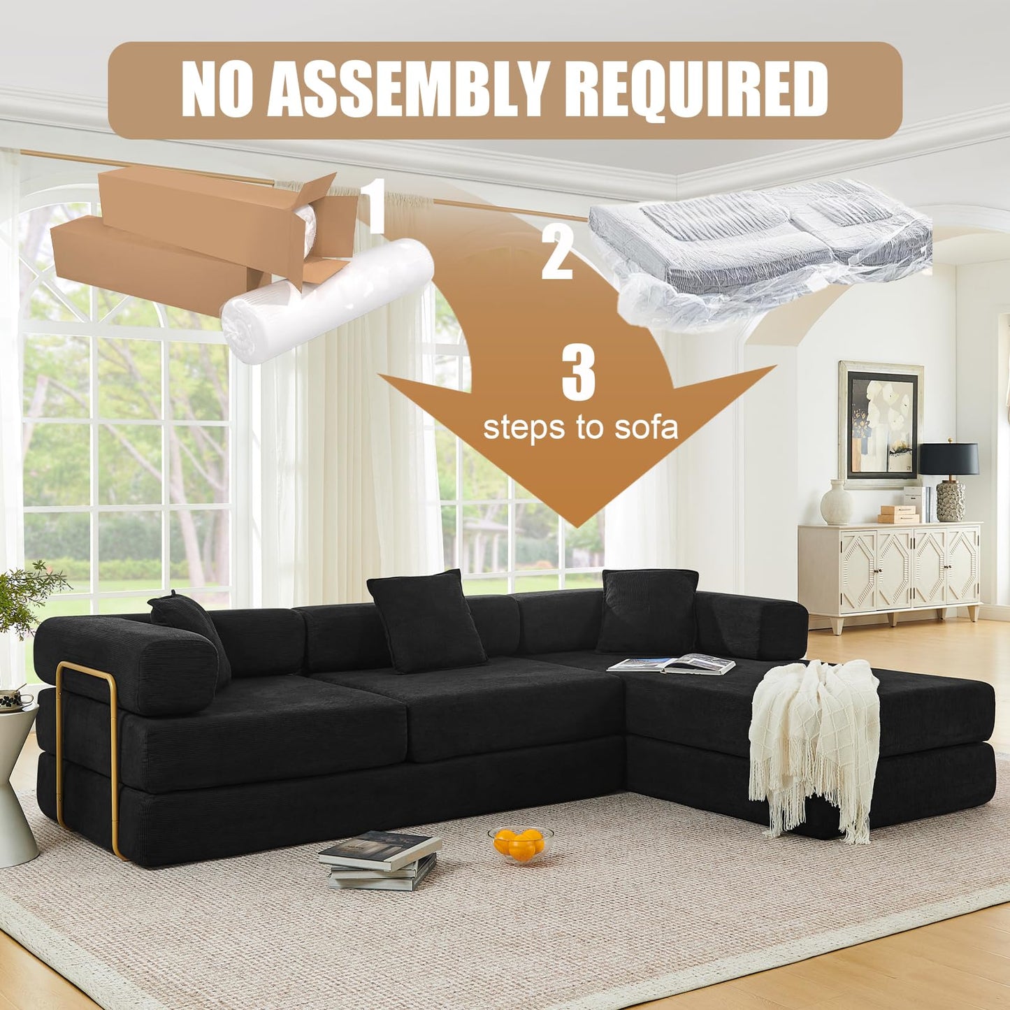 Mojolion Modular Sectional Sofa, 108" L-Shaped Corduroy Couch with Deep Seat, Boneless Cloud Cushion,Modular Sofa Bed with Fixed-Shape Frame for Living Room No Assembly Required (Black)